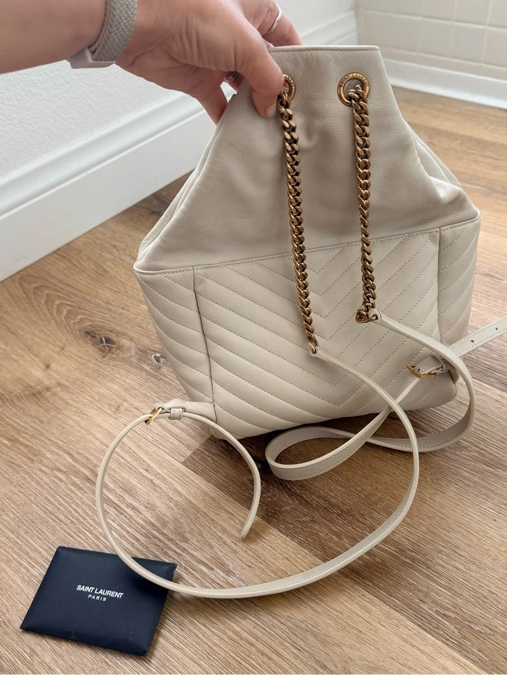 Saint Laurent Off-White Quilted Leather Backpack with Gold YSL Logo